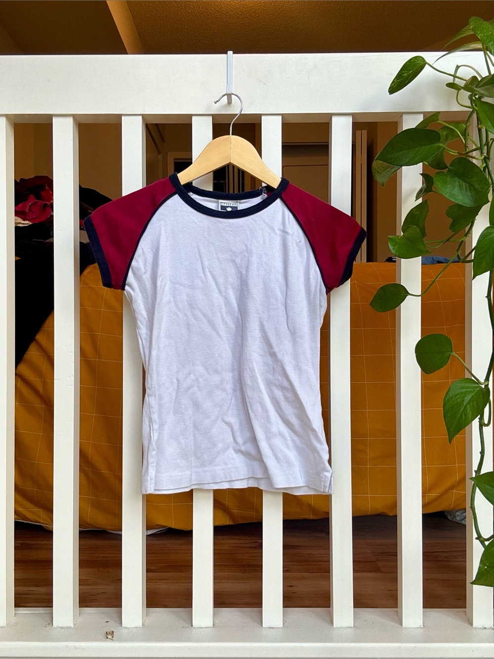 Short Sleeve Raglan Baby Tee - White with Burgundy Sleeves